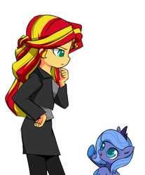 Size: 629x760 | Tagged: safe, artist:twilite-sparkleplz, princess luna, sunset shimmer, pony, equestria girls, g4, clothes, cute, eye contact, filly, looking at each other, looking down, lunabetes, open mouth, pants, simple background, skirt, smiling, thinking, twilite-sparkleplz is trying to murder us, upsies, white background, woona, younger