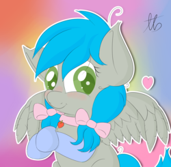 Size: 3552x3478 | Tagged: safe, artist:laptopbrony, oc, oc only, oc:darcy sinclair, bow, clothes, collar, cute, hair bow, heart, high res, looking at you, socks, solo