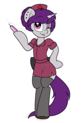 Size: 732x1097 | Tagged: safe, artist:dativyrose, oc, oc only, oc:wicked silly, pony, unicorn, semi-anthro, clothes, hair bun, nurse outfit, one eye closed, piercing, socks, solo, stockings, syringe, thigh highs, wink