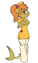 Size: 633x1040 | Tagged: safe, artist:dativyrose, oc, oc only, oc:lemonade splash, original species, shark pony, semi-anthro, blushing, clothes, crossed arms, nurse outfit, pouting, scrunchy face, simple background, socks, solo, stockings, thigh highs, tsundere, white background
