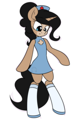 Size: 695x1126 | Tagged: safe, artist:dativyrose, oc, oc only, oc:india de gold, pony, unicorn, semi-anthro, clothes, kneesocks, nurse outfit, socks, solo, stockings