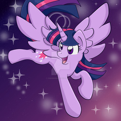 Size: 1024x1024 | Tagged: safe, artist:yoshimarsart, twilight sparkle, alicorn, pony, g4, female, flying, solo, twilight sparkle (alicorn), watermark