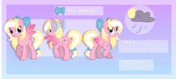 Size: 2858x1283 | Tagged: safe, artist:sugguk, oc, oc only, oc:bay breeze, pegasus, pony, bow, cutie mark, hair bow, looking at you, looking back, raised hoof, raised leg, reference sheet, smiling, solo, spread wings, tail bow