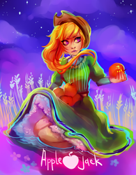 Size: 4270x5469 | Tagged: safe, artist:tisamtale, applejack, human, g4, absurd resolution, apple, clothes, dress, female, food, humanized, night, solo, stars, straw