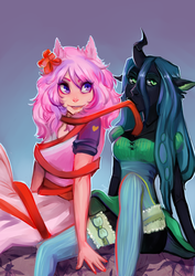 Size: 5787x8185 | Tagged: safe, artist:tisamtale, queen chrysalis, oc, oc:fluffle puff, human, g4, absurd resolution, bow, canon x oc, clothes, dress, eared humanization, female, hair bow, horn, horned humanization, humanized, lesbian, mouth hold, pony coloring, ribbon, ship:chrysipuff, shipping, socks, thigh highs