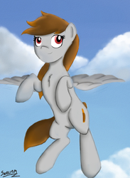 Size: 1000x1366 | Tagged: safe, artist:dunnowhattowrite, oc, oc only, oc:bonifacus, pegasus, pony, female, flying, solo