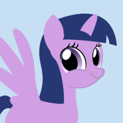 Size: 512x512 | Tagged: safe, edit, twilight sparkle, alicorn, pony, derpibooru, g4, :t, avatar, blue background, derpibooru background pony icon, faic, female, looking at you, mare, meta, missing cutie mark, simple background, smiling, smirk, solo, spread wings, twiface, twilight sparkle (alicorn), wat, wrong neighborhood