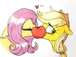 Size: 1376x1024 | Tagged: safe, artist:swaybat, applejack, fluttershy, earth pony, pegasus, pony, g4, apple, applejack's hat, cowboy hat, eyes closed, female, floppy ears, food, hat, heart, kissing, lesbian, mare, ship:appleshy, shipping