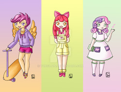 Size: 900x689 | Tagged: safe, artist:yunsildin, apple bloom, scootaloo, sweetie belle, human, g4, apple bloom's bow, book, bow, clothes, dress, hair bow, horn, horned humanization, humanized, jacket, overalls, pants, scooter, shirt, sweater, watermark, winged humanization