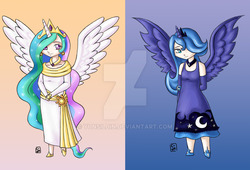 Size: 900x611 | Tagged: safe, artist:yunsildin, princess celestia, princess luna, human, g4, clothes, crown, dress, evening gloves, gloves, hair over one eye, horn, horned humanization, humanized, jewelry, regalia, s1 luna, spread wings, watermark, winged humanization