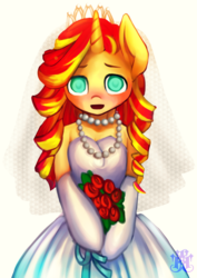 Size: 2893x4092 | Tagged: safe, artist:monochromacat, part of a set, sunset shimmer, semi-anthro, equestria girls, g4, alternate hairstyle, arm hooves, bipedal, bronybait, clothes, dress, female, flower, jewelry, looking at you, monochromacat's wedding series, necklace, open mouth, part of a series, simple background, smiling, solo, strapless, wedding dress, white background