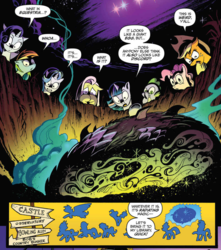 Size: 963x1090 | Tagged: safe, artist:andy price, idw, official comic, applejack, discord, fluttershy, pinkie pie, rainbow dash, rarity, spike, starlight glimmer, twilight sparkle, alicorn, dragon, pony, unicorn, chaos theory (arc), g4, spoiler:comic, spoiler:comic48, accord (arc), crater, cropped, egg, female, low angle, male, mane eight, mane seven, mane six, mare, night, part the first: from chaos comes order, speech bubble, twilight sparkle (alicorn)