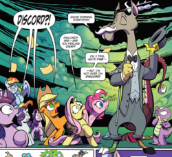 Size: 967x882 | Tagged: safe, artist:andypriceart, idw, official comic, accord, applejack, discord, fluttershy, pinkie pie, rainbow dash, rarity, spike, starlight glimmer, twilight sparkle, alicorn, dragon, pony, unicorn, chaos theory (arc), g4, spoiler:comic, spoiler:comic48, accord (arc), bowler hat, bowtie, clothes, cropped, eyes closed, facial hair, female, hat, male, mane eight, mane seven, mane six, mare, moustache, pants, part the first: from chaos comes order, speech bubble, suit, twilight sparkle (alicorn), waistcoat