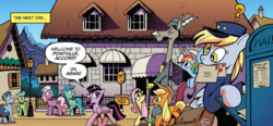 Size: 937x436 | Tagged: safe, artist:andy price, idw, accord, applejack, derpy hooves, fluttershy, rainbow dash, twilight sparkle, alicorn, draconequus, pony, chaos theory (arc), g4, spoiler:comic, spoiler:comic48, accord (arc), cheers, female, mailmare, male, mare, part the first: from chaos comes order, ponyville, twilight sparkle (alicorn)