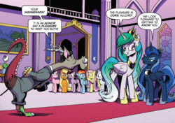 Size: 1029x725 | Tagged: safe, artist:andy price, idw, accord, applejack, fluttershy, pinkie pie, princess celestia, princess luna, rainbow dash, rarity, twilight sparkle, alicorn, draconequus, pegasus, pony, chaos theory (arc), g4, spoiler:comic, spoiler:comic48, accord (arc), diplomacy, female, flirting, innuendo, male, mane six, mare, part the first: from chaos comes order, twilight sparkle (alicorn)