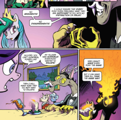 Size: 1033x1027 | Tagged: safe, artist:andy price, idw, accord, kibitz, princess celestia, starlight glimmer, chaos theory (arc), g4, spoiler:comic, spoiler:comic48, accord (arc), fire, part the first: from chaos comes order, sniffing