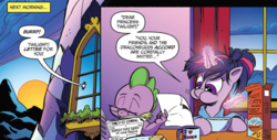 Size: 1015x517 | Tagged: safe, artist:andypriceart, idw, spike, twilight sparkle, alicorn, pony, chaos theory (arc), g4, spoiler:comic, spoiler:comic48, accord (arc), aweeg*, book, clothes, messy hair, morning ponies, part the first: from chaos comes order, ponytail, reading glasses, robe, that pony sure does love books, twilight sparkle (alicorn)