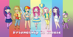 Size: 1024x519 | Tagged: safe, artist:yunsildin, applejack, fluttershy, pinkie pie, rainbow dash, rarity, spike, twilight sparkle, human, g4, chibi, horn, horned humanization, humanized, mane seven, mane six, winged humanization