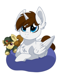 Size: 816x979 | Tagged: safe, artist:itstaylor-made, oc, oc only, oc:katya ironstead, oc:miles, alicorn, pony, alicorn oc, beanbag chair, blue eyes, chest fluff, cute, hat, looking up, plushie, ushanka