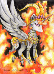 Size: 2461x3358 | Tagged: safe, artist:lunar-white-wolf, idw, official comic, nightmare star, princess celestia, alicorn, pony, g4, armor, corrupted, evil, female, fire, high res, jewelry, queen, solo, traditional art