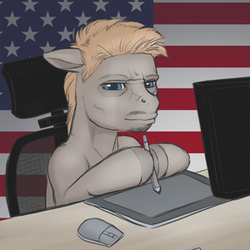 Size: 300x300 | Tagged: safe, artist:arareroll, oc, oc only, earth pony, pony, american flag, drawing, ponified, profile picture, room, solo, tablet