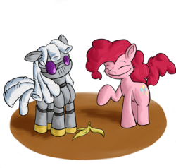 Size: 2000x1905 | Tagged: safe, artist:parassaux, pinkie pie, oc, oc:turing test, robot, fanfic:the iron horse: everything's better with robots, g4, banana peel, fanfic, fanfic art, simple background, smiling, transparent background