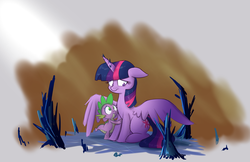 Size: 1700x1100 | Tagged: safe, artist:heir-of-rick, spike, twilight sparkle, alicorn, pony, g4, crystal, dark crystal, duo, lord of the rings, sad, story included, the two towers, twilight sparkle (alicorn)