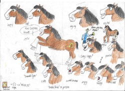 Size: 2338x1700 | Tagged: safe, artist:horsesplease, trouble shoes, oc, oc:anon, clydesdale, g4, angry, chibi, expressions, frisbee, grin, happy, i didn't listen, meme, omega, puzzled, sad, shocked, sleepy, smiling, traditional art, worried