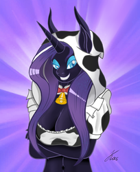 Size: 1675x2048 | Tagged: safe, artist:kasaler, artist:negasun, nightmare rarity, cow, anthro, g4, bell, belly button, breasts, busty nightmare rarity, cleavage, collaboration, cowbell, cowprint, crossed arms, female, grin, midriff, nightmare raricow, smiling, solo, species swap