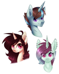 Size: 1256x1572 | Tagged: safe, artist:doekitty, oc, oc only, oc:cobalt, oc:hazel, oc:lithe, pony, unicorn, bust, ear piercing, horn, looking at you, multiple horns, piercing, portrait, simple background, smiling, transparent background