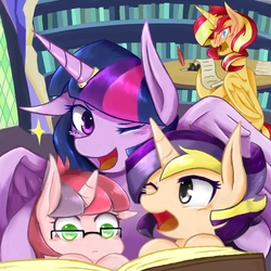 Size: 1080x1080 | Tagged: safe, artist:aka-ryuga, sunset shimmer, twilight sparkle, oc, alicorn, pony, g4, alicornified, book, feather, glasses, horn, horn ring, ink, magical lesbian spawn, next generation, offspring, one eye closed, open mouth, paper, parent:sunset shimmer, parent:twilight sparkle, parents:sunsetsparkle, pen, race swap, reading, scenery, shimmercorn, ship:sunsetsparkle, shipping, twilight sparkle (alicorn), twilight's castle, wink