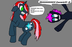 Size: 1188x768 | Tagged: safe, artist:brony96, oc, oc only, oc:cosmic dust, oc:loony sketch, pony, unicorn, dialogue, ms paint, speech bubble, text