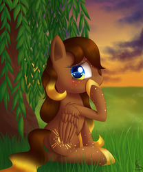 Size: 1000x1200 | Tagged: safe, artist:divlight, oc, oc only, oc:divine light, pegasus, pony, blushing, grass, sitting, solo, tree, weeping willow