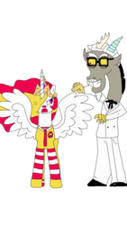 Size: 1024x1820 | Tagged: safe, artist:supahdonarudo, discord, princess celestia, g4, celestia is not amused, clown, clown celestia, colonel sanders, colored, digital art, discord being discord, kfc, mcdonald's, ronald mcdonald, simple background, transparent background, vector