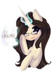 Size: 2200x3200 | Tagged: safe, artist:togeticisa, oc, oc only, oc:blits, pony, unicorn, blushing, glasses, glowing horn, high res, horn, levitation, magic, simple background, solo, telekinesis, transparent background, welcome