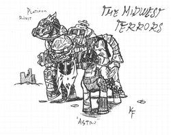 Size: 1024x806 | Tagged: safe, artist:krashface, oc, oc only, oc:astroraider, oc:platinum rivet, fallout equestria, brotherhood of steel, fallout, fallout crossover, ink, inktober 2016, midwest, monochrome, steel ranger, traditional art