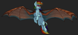 Size: 1600x714 | Tagged: safe, artist:gonedreamer, rainbow dash, dracony, hybrid, pony, g4, dragon wings, female, gray background, mare, rainbow dragon, scales, simple background, solo, spread wings, transformation, transparent background, unshorn fetlocks