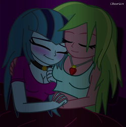 Size: 1052x1056 | Tagged: safe, artist:php198, lemon zest, sonata dusk, equestria girls, g4, blushing, breasts, cleavage, cuddling, duo, female, holding hands, lemonata, lesbian, shipping, snuggling