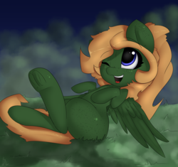 Size: 2270x2130 | Tagged: safe, oc, oc only, oc:ebony feather, pegasus, pony, cute, freckles, high res, one eye closed, open mouth, scenery, solo