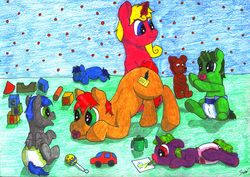Size: 3467x2459 | Tagged: safe, artist:saxpony, oc, oc only, oc:madeline, oc:segapony, oc:space gaze, pony, baby, baby pony, cup, diaper, foal, foalsitter, foalsitting, high res, pacifier, playing, plushie, rattle, sippy cup, teddy bear, toy, traditional art