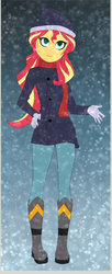 Size: 1408x3456 | Tagged: safe, artist:backgrounduser, sunset shimmer, equestria girls, g4, beanie, clothes, female, gloves, hat, looking at you, scarf, smiling, snow, snowfall, solo, winter outfit
