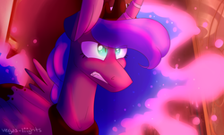 Size: 1024x620 | Tagged: safe, artist:vegas-liights, princess luna, the moon rises, g4, female, frown, gritted teeth, scene interpretation, slit pupils, solo