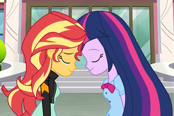 Size: 3000x2000 | Tagged: safe, artist:mlpshipper24, sunset shimmer, twilight sparkle, equestria girls, g4, clothes, crying, eyes closed, female, high res, jacket, leather jacket, lesbian, ship:sunsetsparkle, shipping, smiling, story in the source, tears of joy