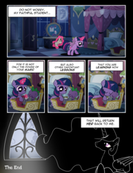 Size: 1275x1650 | Tagged: safe, artist:dsana, princess celestia, smarty pants, spike, twilight sparkle, pony, comic:lessons, g4, baby spike, comic, dialogue, dsana is trying to murder us, filly, filly twilight sparkle, implied nightmare moon, implied princess luna, magic, mare in the moon, moon, sleeping