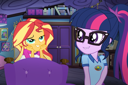 Size: 3000x2000 | Tagged: safe, artist:mlpshipper24, sci-twi, sunset shimmer, twilight sparkle, equestria girls, g4, my little pony equestria girls: legend of everfree, bedroom eyes, clothes, female, glasses, high res, lesbian, ship:sci-twishimmer, ship:sunsetsparkle, shipping
