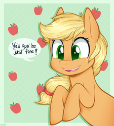 Size: 901x1000 | Tagged: safe, artist:higglytownhero, applejack, pony, g4, cute, dialogue, female, freckles, jackabetes, mare, open mouth, positive ponies, reassurance, solo, speech bubble