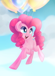 Size: 1800x2520 | Tagged: safe, artist:drawntildawn, pinkie pie, earth pony, pony, g4, balloon, cute, diapinkes, female, mare, open mouth, smiling, solo, then watch her balloons lift her up to the sky, watermark