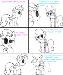 Size: 1206x1446 | Tagged: safe, artist:pepsi twist, silver spoon, sweetie belle, g4, comic, monochrome, poison joke