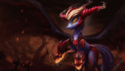 Size: 1944x1111 | Tagged: safe, artist:zigword, dragon, league of legends, ponified, rearing, shyvana, solo