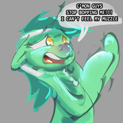 Size: 2000x2000 | Tagged: safe, artist:alumx, lyra heartstrings, pony, unicorn, g4, abuse, bipedal, boop, bruised, cute, dialogue, female, floppy ears, frown, gray background, high res, lyrabetes, lyrabuse, non-consensual booping, open mouth, overbooping, sad, sadorable, simple background, solo, speech bubble